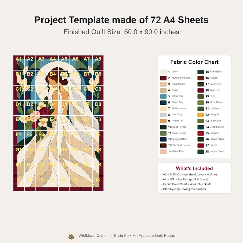 Bride Quilt Pattern, Applique & Collage Quilt, Wedding Quilt Pattern PDF, Patchwork Wall Hanging, Folk Art Quilt Template image 16