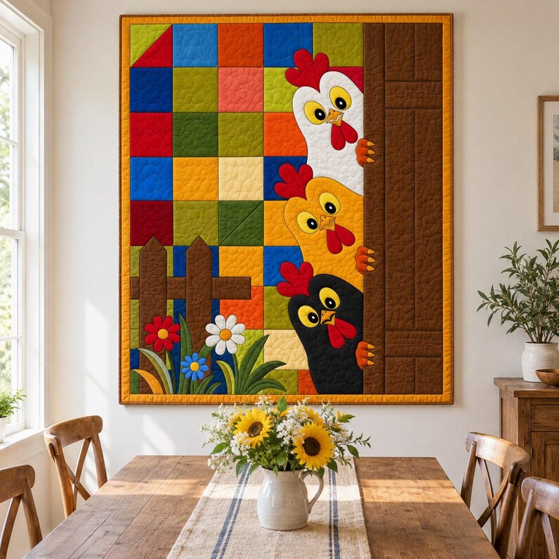 Padrão de colcha "Galinhas Espiando", aplique termocolante com borda crua, padrão de colcha de animais em PDF, tapeçaria de parede em patchwork, colcha de fazenda em estilo folk. imagem 6