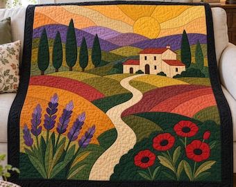 Patrón de colcha de paisaje toscano, colcha de apliques y collage en PDF, tapiz campestre, patchwork de arte popular, aplique termoadhesivo con borde sin rematar