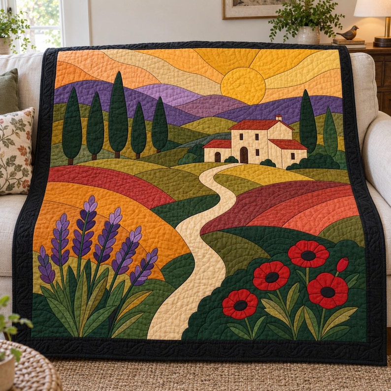 Tuscan Landscape Quilt Pattern, Applique & Collage Quilt PDF, Countryside Wall Hanging, Folk Art Patchwork, Raw Edge Fusible Applique image 1