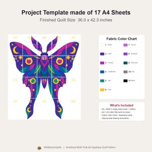 Amethyst Moth Quilt Pattern, Raw Edge Fusible Applique PDF, Celestial Moth Pattern, Patchwork Wall Hanging, Folk Art Quilt Template image 12