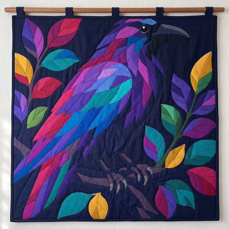 Modèle de courtepointe Corbeau, Appliqué thermocollant à bords francs (PDF), Modèle de courtepointe Oiseau, Décoration murale patchwork, Gabarit de courtepointe animal d'art populaire image 4