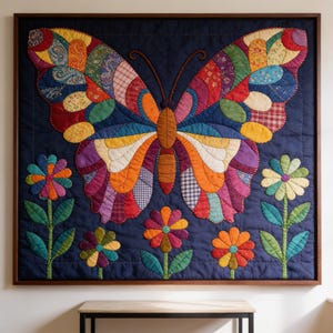 Butterfly Garden Quilt Pattern, Raw Edge Fusible Applique PDF, Folk Art Animal Quilt, Patchwork Wall Hanging Template image 2