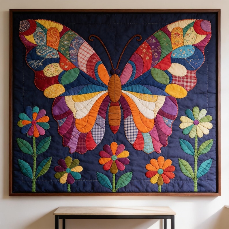 Butterfly Garden Quilt Pattern, Raw Edge Fusible Applique PDF, Folk Art Animal Quilt, Patchwork Wall Hanging Template image 2