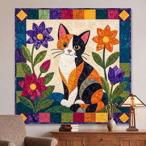 Calico Cat Quilt Pattern, Applique & Collage Quilt, Animal Quilt Pattern PDF, Patchwork Wall Hanging, Folk Art Quilt Template image 2