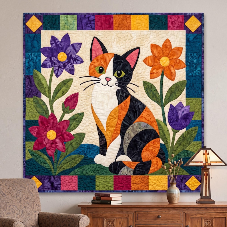 Calico Cat Quilt Pattern, Applique & Collage Quilt, Animal Quilt Pattern PDF, Patchwork Wall Hanging, Folk Art Quilt Template image 2