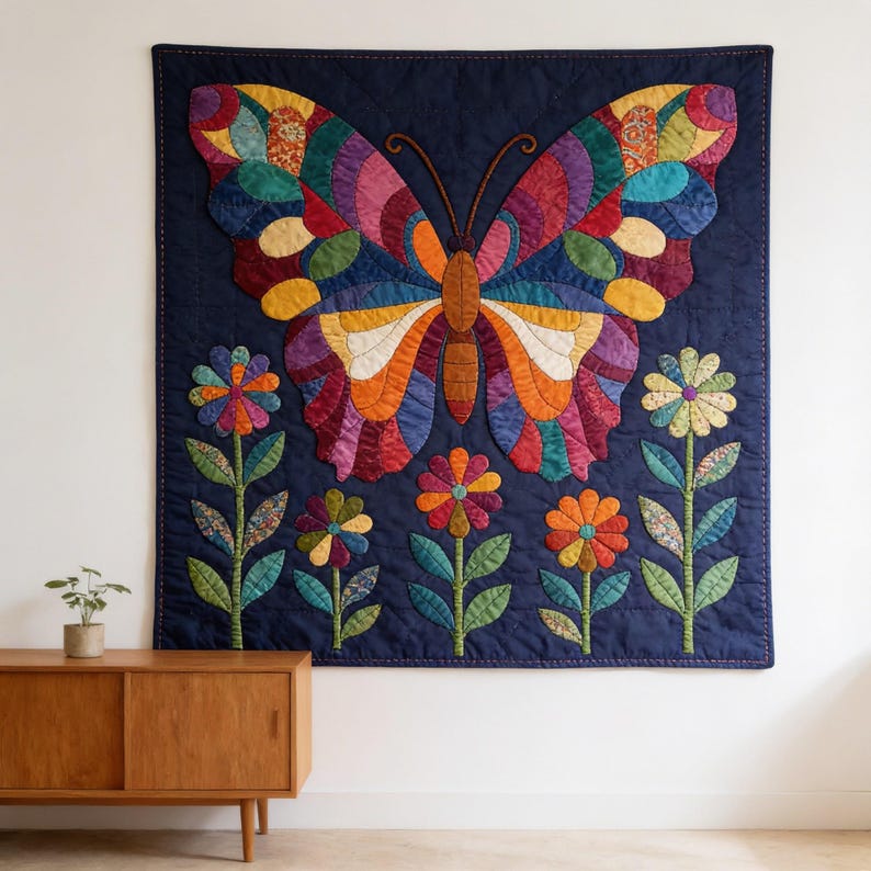 Butterfly Garden Quilt Pattern, Raw Edge Fusible Applique PDF, Folk Art Animal Quilt, Patchwork Wall Hanging Template image 4