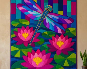 Dragonfly Waterlily Quilt Pattern, Raw Edge Fusible Applique PDF, Pond Folk Art Quilt Template, Patchwork Wall Hanging, Animal Quilt Pattern