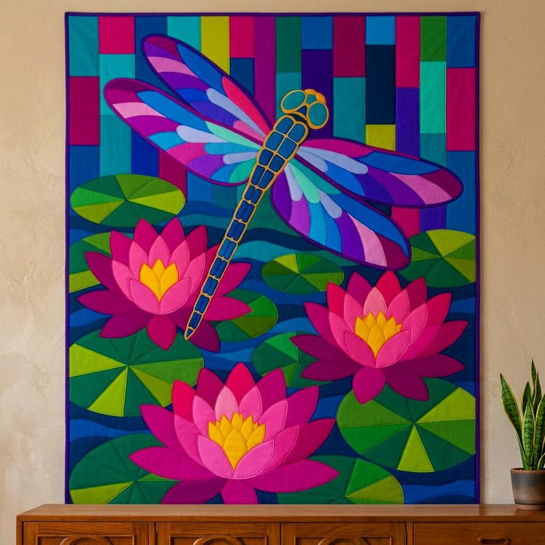 Dragonfly Waterlily Quilt Pattern, Raw Edge Fusible Applique PDF, Pond Folk Art Quilt Template, Patchwork Wall Hanging, Animal Quilt Pattern image 1