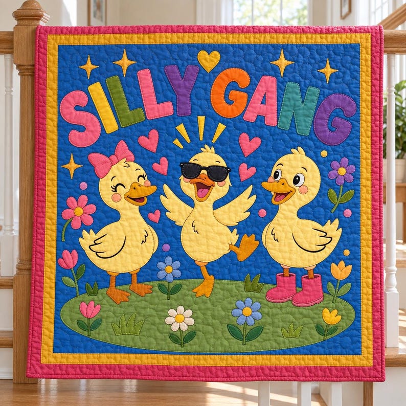 以下が含まれることがあります： 青い背景にカラフルな文字で「SILLY GANG」と書かれたキルトブランケット。緑の草地の上に3羽の黄色いアヒルの子が描かれ、ピンクや青の花、ハート、星が散りばめられています。ブランケットには黄色の縁取りが施されています。