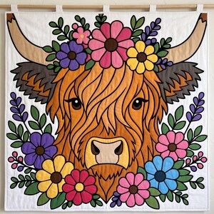 ハイランド牛のキルトパターン、花柄の牛の壁掛けキルト（PDF）、フォークアート風アップリケキルト、切りっぱなしの接着芯付きアップリケ 画像 6