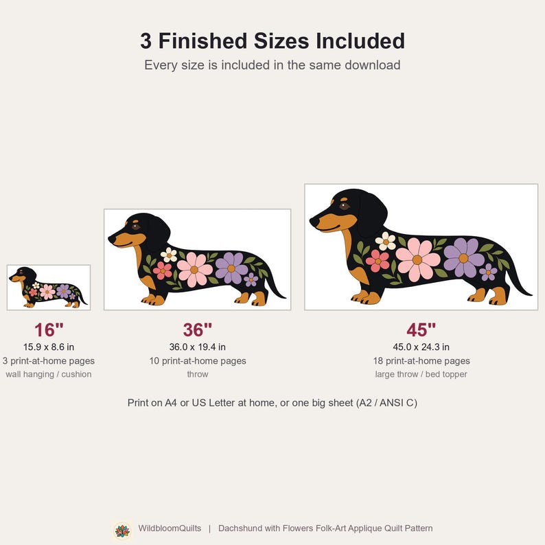 Dachshund Quilt Pattern, Dog Wall Hanging Quilt Pattern PDF, Easy Floral Applique Quilt for Beginners, Doxie Gift, Raw Edge Fusible Applique image 6