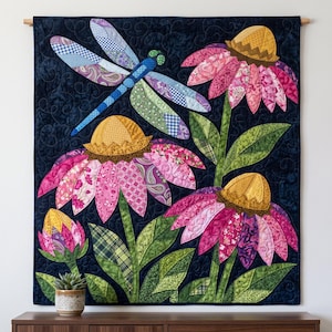 Mönster med trollslända- och solhattblommigt quiltmönster, applikations- och collagequilt i PDF-format, quiltmönster med blommigt djurmönster, applikation med råa kanter och smältbara mönster bild 2