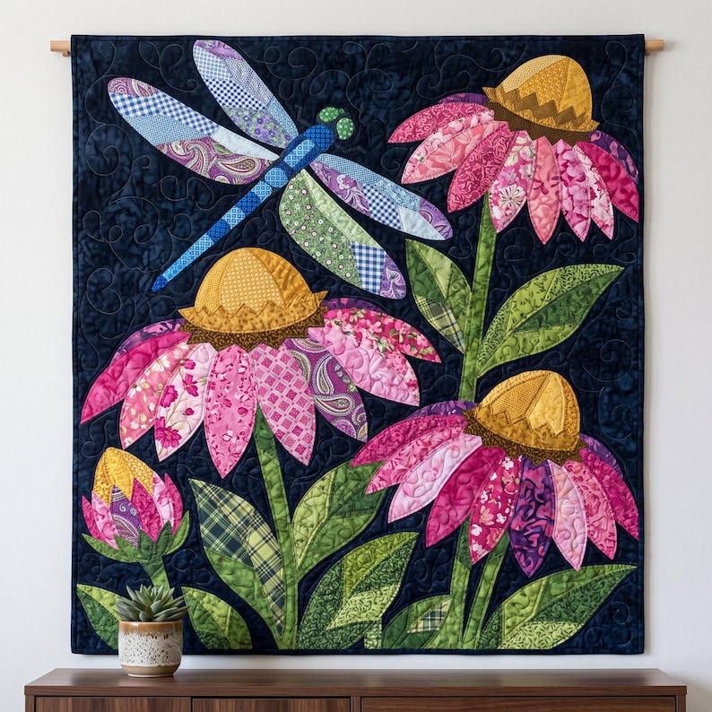 Mönster med trollslända- och solhattblommigt quiltmönster, applikations- och collagequilt i PDF-format, quiltmönster med blommigt djurmönster, applikation med råa kanter och smältbara mönster bild 2