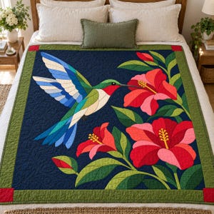 Patrón de colcha de colibrí, colcha de apliques y collage, patrón de colcha de pájaros en PDF, tapiz de pared de hibisco, plantilla de colcha de arte popular imagen 17