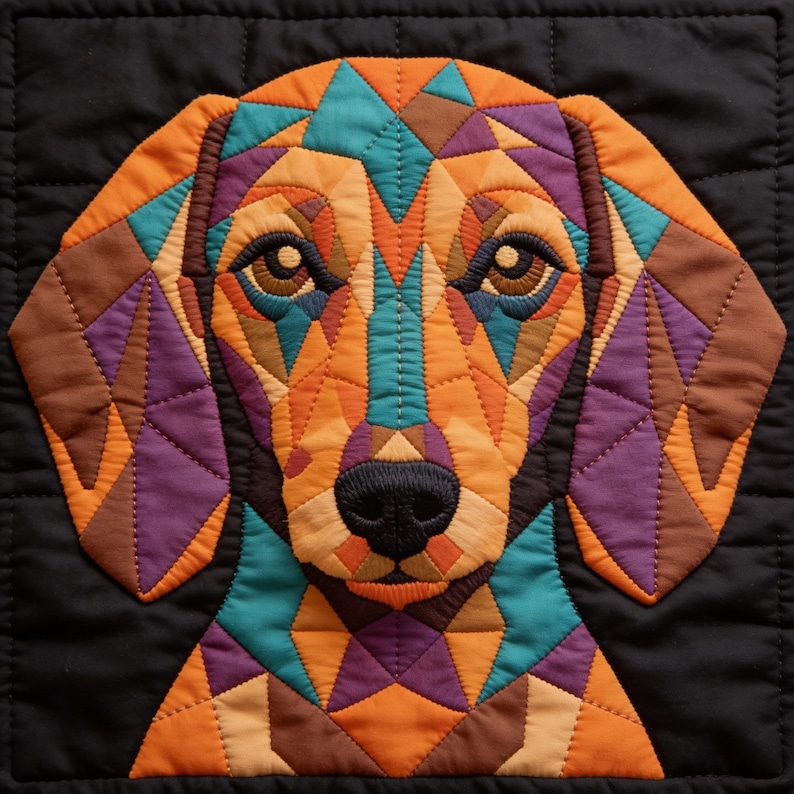 May include: A square fabric wall hanging featuring a geometric, multi-coloured quilt pattern of a dog's face. The design uses shades of orange, teal, purple, and brown fabric pieces stitched together against a solid black background fabric.