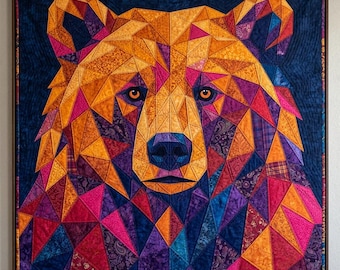 Patrón de edredón de oso, aplique termoadhesivo geométrico con borde sin rematar, patrón de edredón de animales en PDF, tapiz de pared de patchwork, plantilla de edredón de arte popular