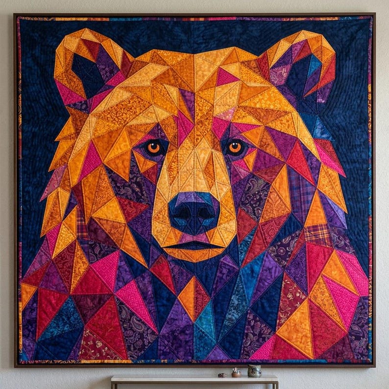 Patrón de edredón de oso, aplique termoadhesivo geométrico con borde sin rematar, patrón de edredón de animales en PDF, tapiz de pared de patchwork, plantilla de edredón de arte popular imagen 1