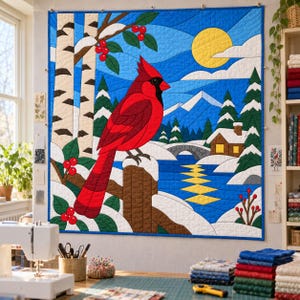Quiltmuster „Winterkardinal“, Applikations- und Collage-Quilt, Vogel-Quiltmuster (PDF), Patchwork-Wandbehang, Quiltvorlage im Stil der Volkskunst Bild 9