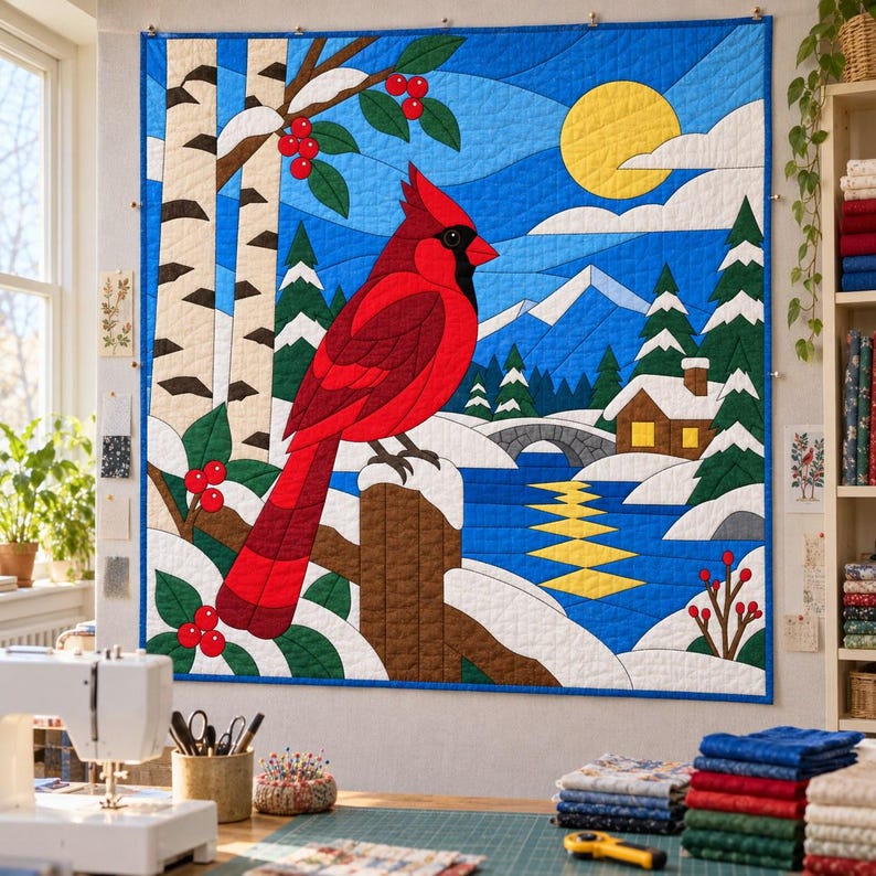 Quiltmuster „Winterkardinal“, Applikations- und Collage-Quilt, Vogel-Quiltmuster (PDF), Patchwork-Wandbehang, Quiltvorlage im Stil der Volkskunst Bild 9