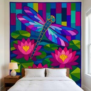 Dragonfly Waterlily Quilt Pattern, Raw Edge Fusible Applique PDF, Pond Folk Art Quilt Template, Patchwork Wall Hanging, Animal Quilt Pattern image 5