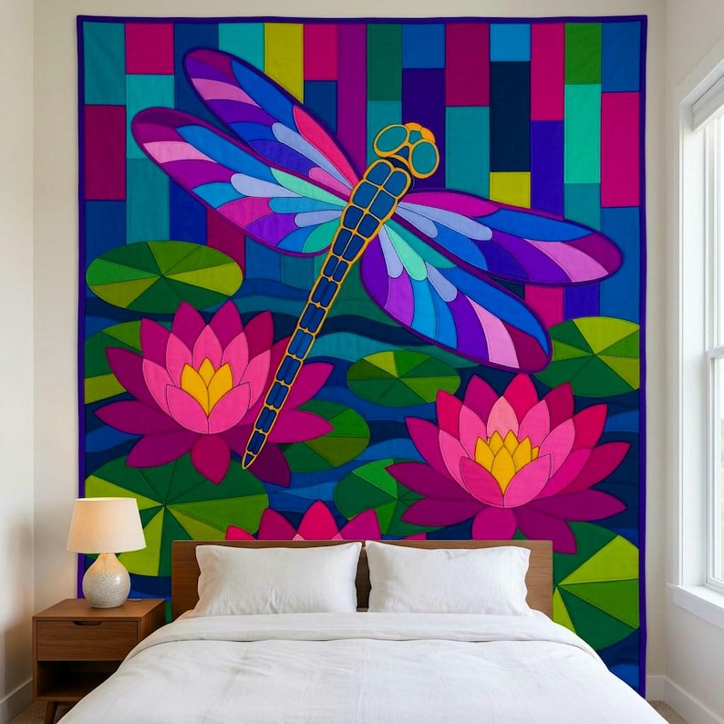 Dragonfly Waterlily Quilt Pattern, Raw Edge Fusible Applique PDF, Pond Folk Art Quilt Template, Patchwork Wall Hanging, Animal Quilt Pattern image 5