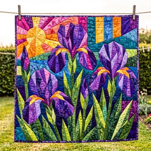 Iris Quilt Pattern, Raw Edge Fusible Applique, Flower Quilt Pattern PDF, Folk Art Wall Hanging, Patchwork Garden Quilt Template image 13