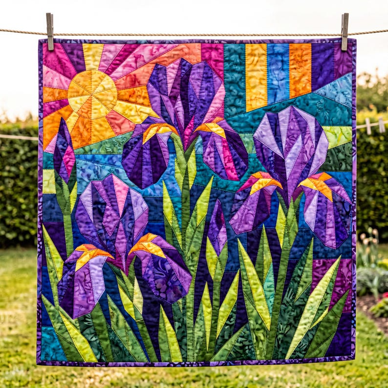 Iris Quilt Pattern, Raw Edge Fusible Applique, Flower Quilt Pattern PDF, Folk Art Wall Hanging, Patchwork Garden Quilt Template image 13