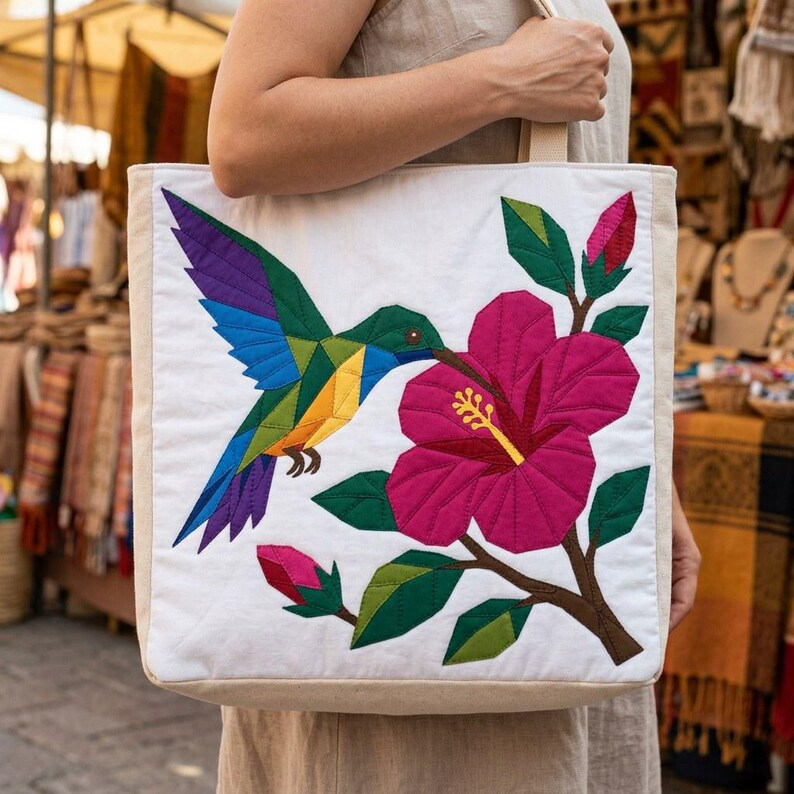 Hummingbird Quilt Pattern, Raw Edge Fusible Applique PDF, Tropical Bird Quilt Pattern, Hibiscus Patchwork Wall Hanging image 10