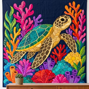Quiltmuster Meeresschildkröten, PDF-Vorlage für Applikationen mit offenen Kanten, Quiltmuster Meerestiere, Wandbehang Korallenriff, Patchwork-Vorlage im Stil der Volkskunst Bild 6