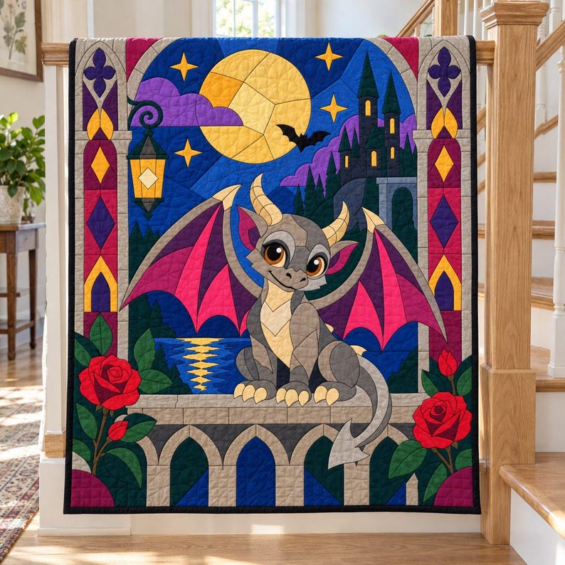 Modello per trapunta Baby Gargoyle, trapunta con applicazioni e collage, modello PDF per trapunta con animali fantastici, arazzo patchwork, modello per trapunta in stile folk art immagine 10