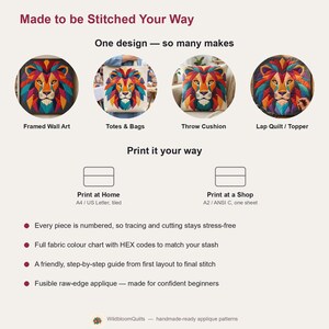 Löwen-Quiltmuster, Löwen-Wandbehang-Quiltmuster (PDF), Einfaches Applikationsquiltmuster für Anfänger, Applikation mit offener Kante zum Aufbügeln Bild 11