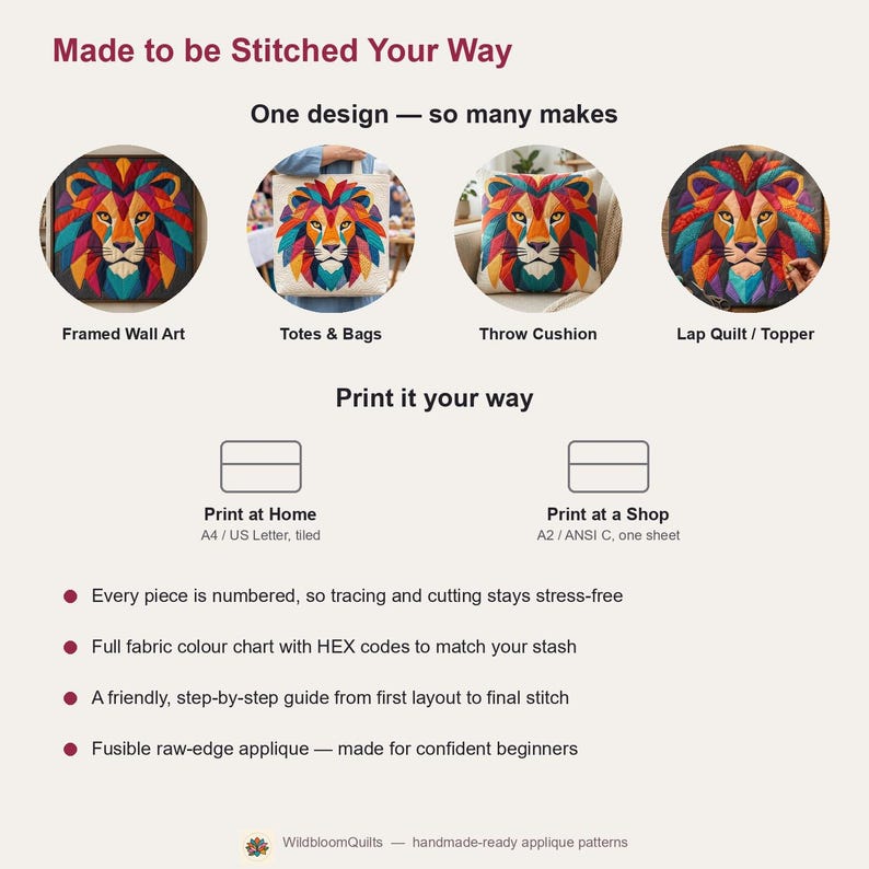 Löwen-Quiltmuster, Löwen-Wandbehang-Quiltmuster (PDF), Einfaches Applikationsquiltmuster für Anfänger, Applikation mit offener Kante zum Aufbügeln Bild 11