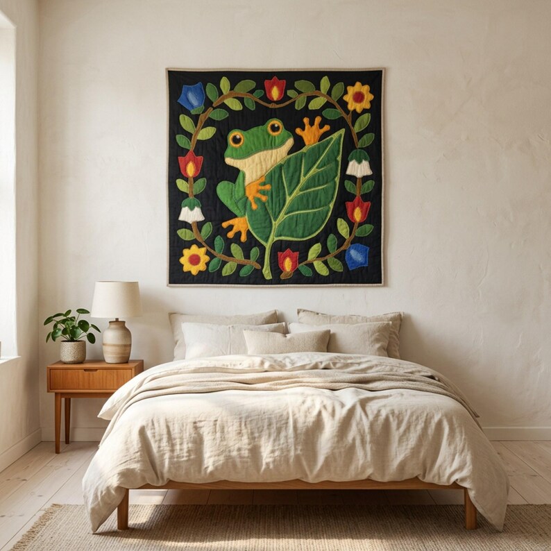 Frog Quilt Pattern, Frog Wall Hanging Quilt Pattern PDF, Easy Applique Quilt for Beginners, Raw Edge Fusible Applique image 6