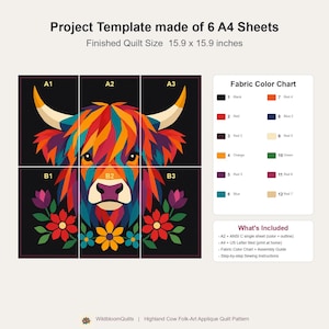 Highland Cow Quilt Pattern, Cow Wall Hanging Quilt Pattern PDF, Easy Applique Quilt for Beginners, Raw Edge Fusible Applique image 9