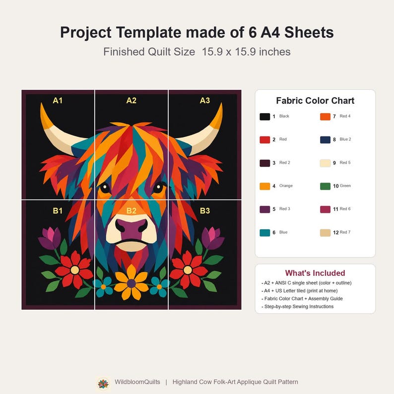 Highland Cow Quilt Pattern, Cow Wall Hanging Quilt Pattern PDF, Easy Applique Quilt for Beginners, Raw Edge Fusible Applique image 9