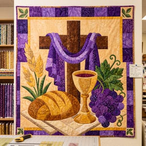 Communion Cross Quilt Pattern, Raw Edge Fusible Applique, Religious Quilt Pattern PDF, Christian Wall Hanging, Folk Art Faith Template image 1