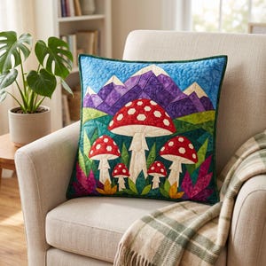 Mushroom Mountain Quilt Pattern, Raw Edge Fusible Applique, Toadstool Quilt Pattern PDF, Patchwork Wall Hanging, Folk Art Quilt Template image 6