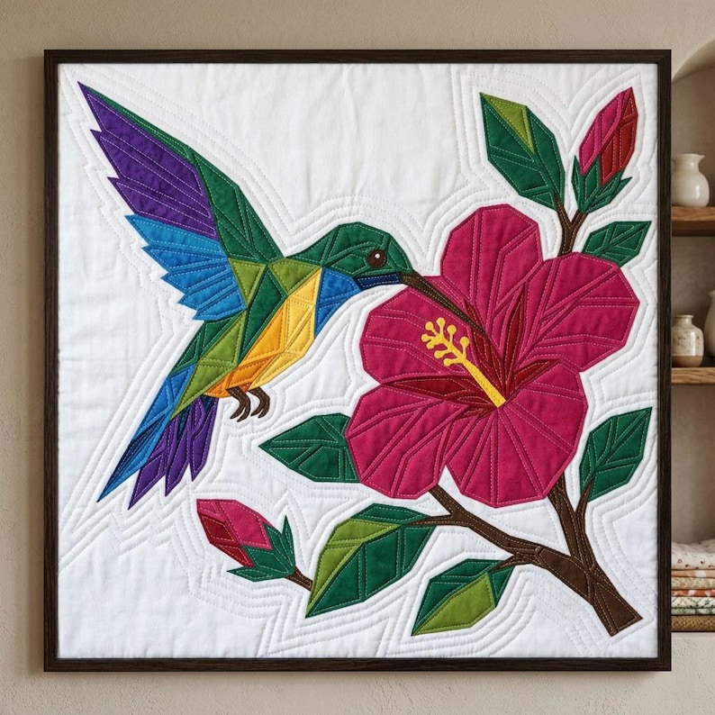 Hummingbird Quilt Pattern, Raw Edge Fusible Applique PDF, Tropical Bird Quilt Pattern, Hibiscus Patchwork Wall Hanging image 2