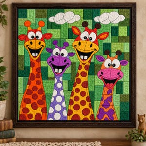 Peut inclure: Une tenture murale matelassée carrée dans un cadre sombre représentant quatre girafes de dessin animé avec de larges sourires et des dents saillantes. Les girafes sont orange, violettes, jaunes et roses avec des taches sur fond vert en patchwork.