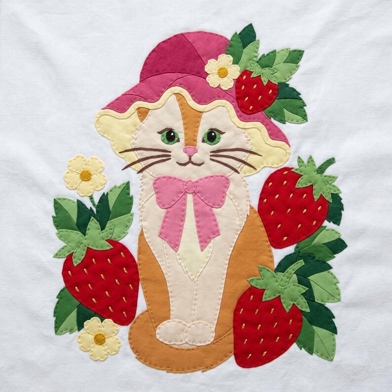 Strawberry Cat Quilt Pattern, Raw Edge Fusible Applique, Cat Quilt Pattern PDF, Patchwork Wall Hanging, Folk Art Quilt Template image 17