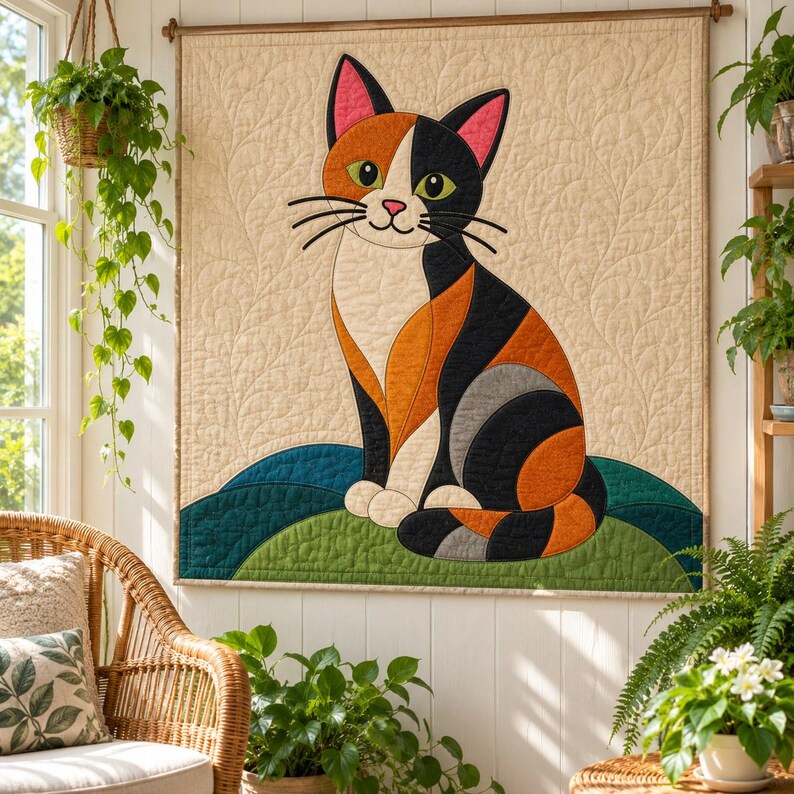 Calico Cat Quilt Pattern, Applique & Collage Quilt, Cat Quilt Pattern PDF, Patchwork Wall Hanging, Folk Art Quilt Template image 7