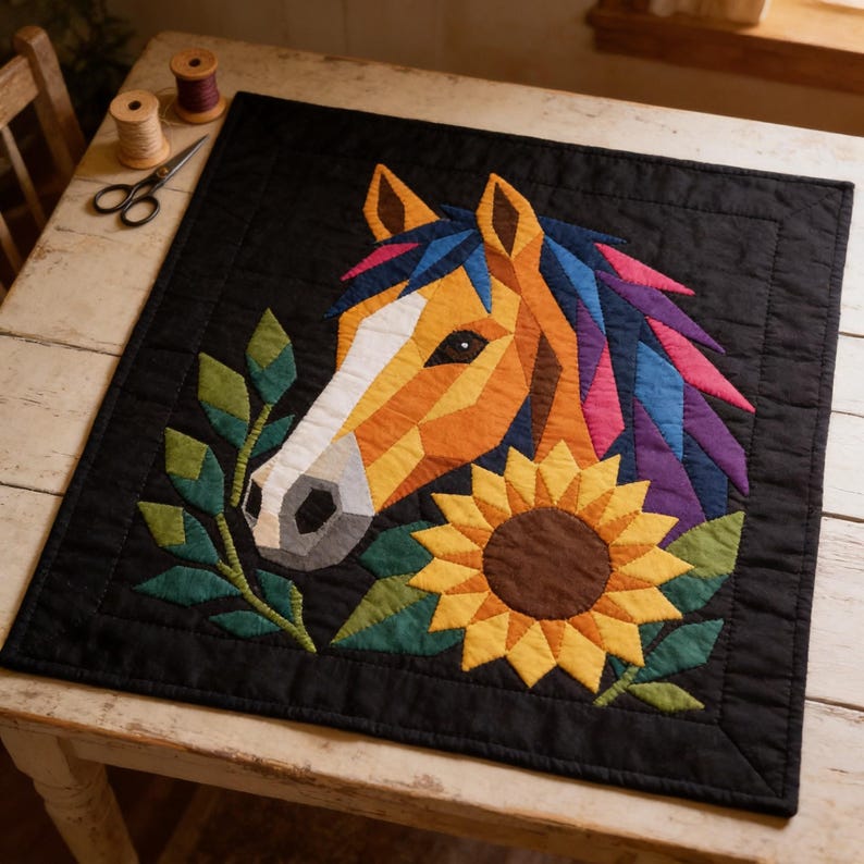 Horse Quilt Pattern, Horse Wall Hanging Quilt Pattern PDF, Easy Applique Quilt for Beginners, Raw Edge Fusible Applique image 4