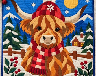 Christmas Highland Cow Quilt Pattern, Applique & Collage Quilt, Animal Quilt Pattern PDF, Patchwork Wall Hanging, Folk Art