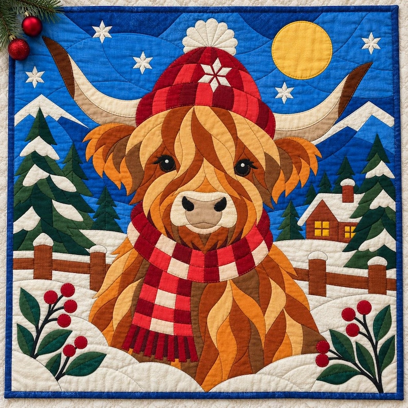 Modello per trapunta natalizia con mucca delle Highlands, trapunta con applicazioni e collage, modello PDF per trapunta con animali, arazzo patchwork, arte popolare immagine 1