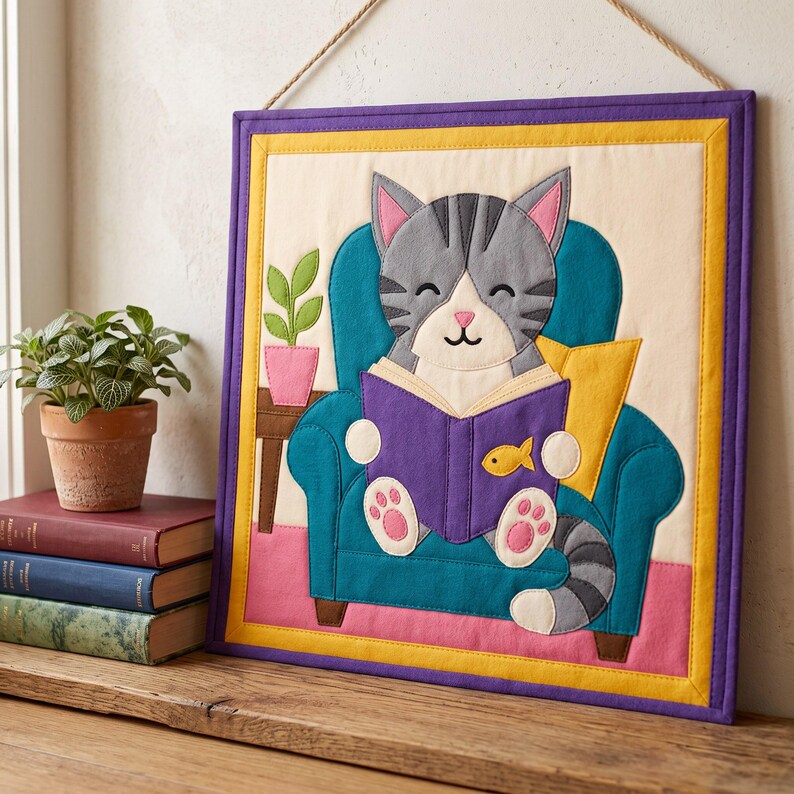 Reading Cat Quilt Pattern, Raw Edge Fusible Applique, Cat Quilt Pattern PDF, Patchwork Wall Hanging, Folk Art Quilt Template image 16