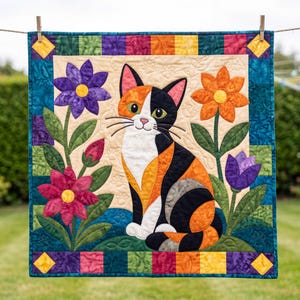 May include: A square fabric wall hanging featuring a calico cat sitting in a garden of purple, orange, and pink flowers. The quilt has a pieced border of colourful squares and a cream-coloured background with a subtle embossed paw print pattern.