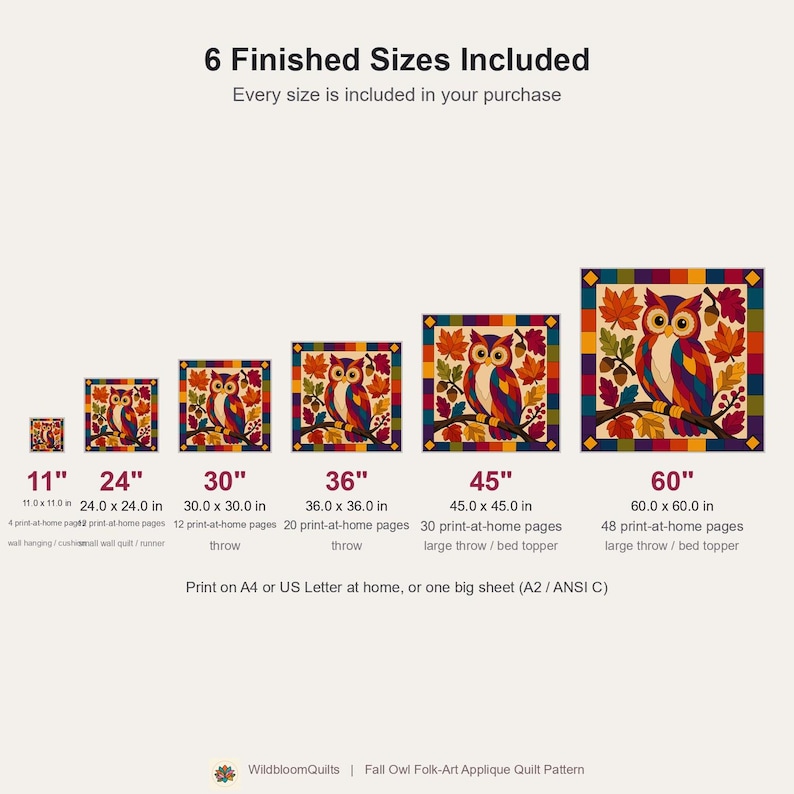 Herfstuil quiltpatroon, rafelige rand applicatie met strijkapplicatie, dieren quiltpatroon PDF, patchwork wandkleed, volkskunst herfst quilt sjabloon afbeelding 4