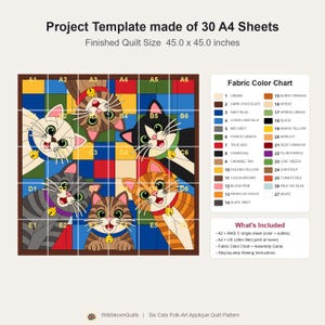 Six Cats Quilt Pattern, Applique & Collage Quilt, Cat Quilt Pattern PDF, Patchwork Wall Hanging, Folk Art Quilt Template image 14