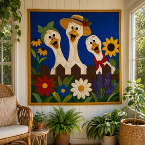 Funny Geese Quilt Pattern, Raw Edge Fusible Applique, Animal Quilt Pattern PDF, Patchwork Wall Hanging, Folk Art Quilt Template image 10